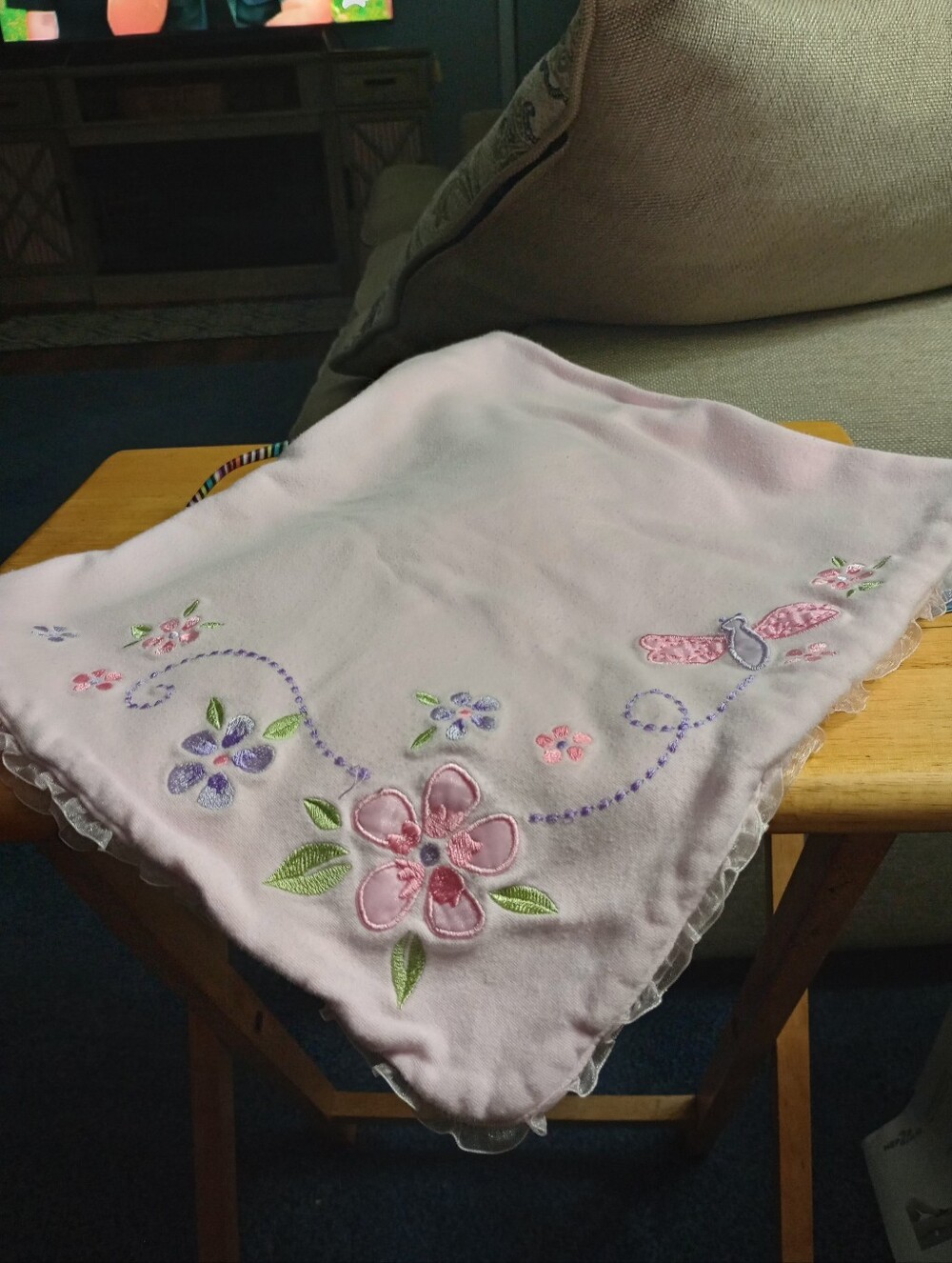 Embroidered Pink Floral Baby Blanket with Ruffle Trim